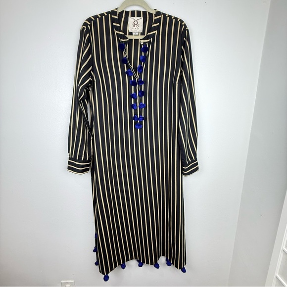 Chic Black and Cream Striped Midi Dress with Blue Details - Picture 1 of 5